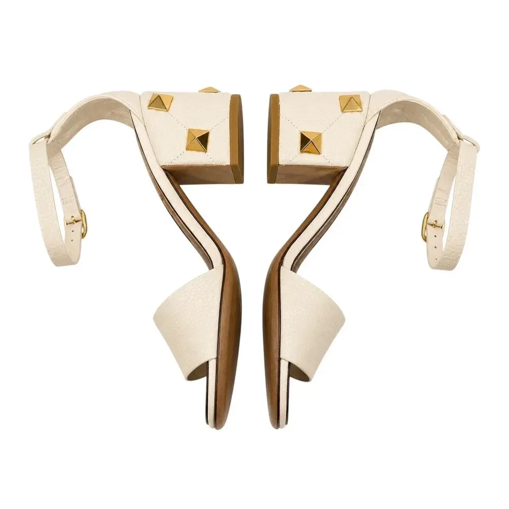 Valentino Garavani 75 Roman Stud Heel Leather Sandal Ivory Size 37.5